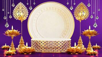 3D rendering podium for diwali festival, Deepavali or Diwali the festival of lights india with gold diya on podium, patterned and crystals on color Background. photo