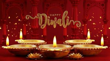 3D rendering for diwali festival Diwali, Deepavali or Dipavali the festival of lights india with gold diya on podium, patterned and crystals on color Background. photo