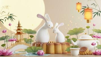 3D rendering for mid autumn festival holiday or chinese new year, chinese festivals with,lanterns, flower, moon, rabbit ,mooncake,tea pot and asian elements on background. photo