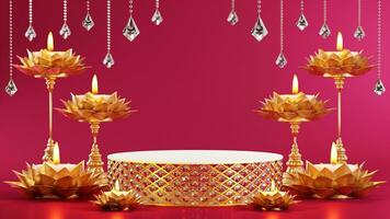 3D rendering podium for diwali festival, Deepavali or Diwali the festival of lights india with gold diya on podium, patterned and crystals on color Background. photo