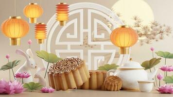 3D rendering for mid autumn festival holiday or chinese new year, chinese festivals with,lanterns, flower, moon, rabbit ,mooncake,tea pot and asian elements on background. photo