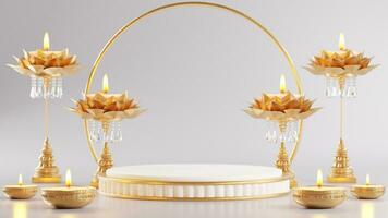 3D rendering podium for diwali festival, Deepavali or Diwali the festival of lights india with gold diya on podium, patterned and crystals on color Background. photo