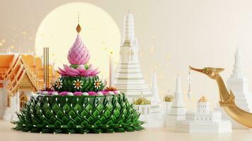 3d rendering illustration Loy Krathong festival  and Yi Peng festival in thailand  krathong from banana leaves, flowers, candles and incense sticks, fullmoon, river, and night background color. photo