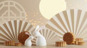 3D rendering for mid autumn festival holiday or chinese new year, chinese festivals with,lanterns, flower, moon, rabbit ,mooncake,tea pot and asian elements on background. photo