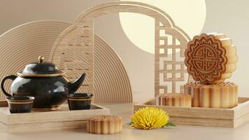 3D rendering for mid autumn festival holiday or chinese new year, chinese festivals with,lanterns, flower, moon, rabbit ,mooncake,tea pot and asian elements on background. photo