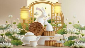 3D rendering for mid autumn festival holiday or chinese new year, chinese festivals with,lanterns, flower, moon, rabbit ,mooncake,tea pot and asian elements on background. photo