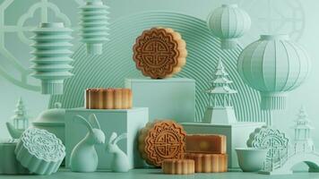 3D rendering for mid autumn festival holiday or chinese new year, chinese festivals with,lanterns, flower, moon, rabbit ,mooncake,tea pot and asian elements on background. photo