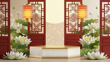 3D rendering podium for mid autumn festival holiday or chinese new year, chinese festivals with,lanterns, flower, moon, rabbit ,mooncake,tea pot and asian elements on background. photo