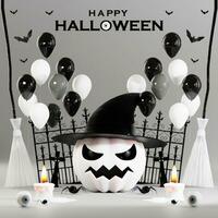 3d rendering illustration design for halloween banner with pumpkin,crucifix, skull, candle, candy, givebox ,grave on background. photo