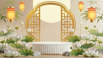 3D rendering podium for mid autumn festival holiday or chinese new year, chinese festivals with,lanterns, flower, moon, rabbit ,mooncake,tea pot and asian elements on background. photo