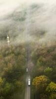verticaal video van antenne visie over- een weg in de mist