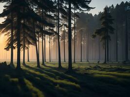 Foggy pine forest at sunrise. photo