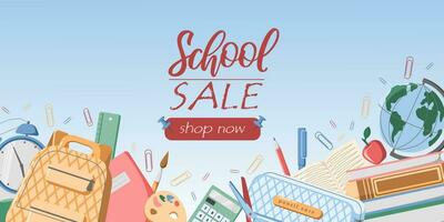 Back to School horizontal banner with school bag, stationery and supplies. Doodle pattern with education subjects on background. Vector illustration for Sale, web, border, online selling