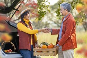 contento granjero familia apretón de manos en orgánicos de cosecha propia Produce cosecha con manzana, squash y calabaza mientras de venta a el coche maletero en local mercado con otoño color desde arce árbol durante otoño temporada foto