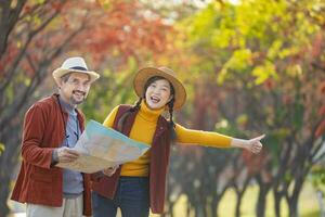 Happy Asian daughter and her senior father are calling taxi together in public park during autumn with maple and ginkgo tree while looking at map for fall color travel destination and family happiness photo