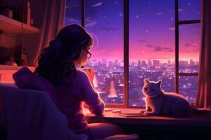 A girl looks out the window and listens to lofi beats photo