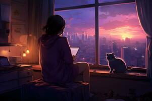 A girl looks out the window and listens to lofi beats photo