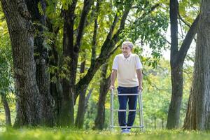 asiático mayor hombre con caminante caminando solo en el parque disfrutando hermosa naturaleza y fauna silvestre durante verano para ligero ejercicio y físico terapia después rodilla cirugía recuperación programa foto