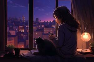 A girl looks out the window and listens to lofi beats photo