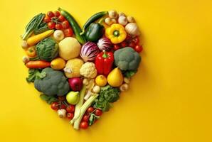 mix vegetable love and heart shape with copy space area isolated in yellow background AI generated photo