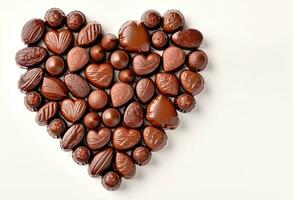 cerca arriba de chocolates en forma de corazón con Copiar espacio ai generado foto