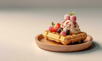 Ice cream waffle with strawberry and black berry with copy space food photography AI generated photo