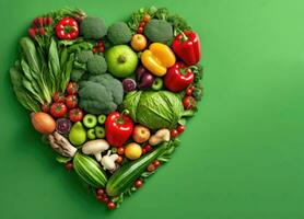 mix vegetable and fruit heart shape with copy space area isolated in green background ai generated photo