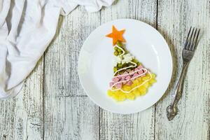 Christmas tree from a salad olivier in plate on a white wooden table. Top view with a copy space photo