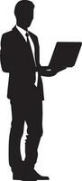 Business man stand with laptop vector silhouette illustration