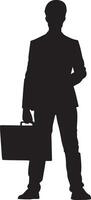 Business man stand with laptop vector silhouette illustration