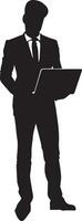 Business man stand with laptop vector silhouette illustration