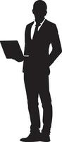 Business man stand with laptop vector silhouette illustration