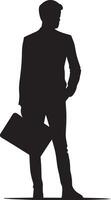 Business man stand with laptop vector silhouette illustration