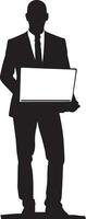 Business man stand with laptop vector silhouette illustration
