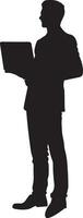 Business man stand with laptop vector silhouette illustration