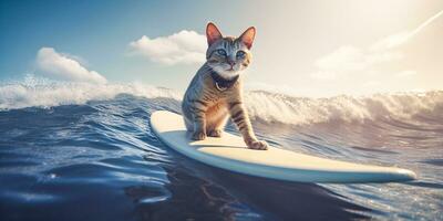 Cat surfing in the ocean. Created with Generative AI technology photo