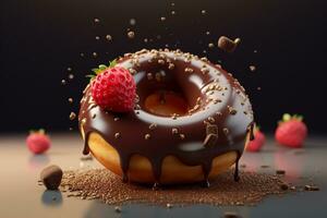 Chocolate donut sprinkled with crunchy chocolate bits on the table. Table covered with caramelized sugar and strawberry. Created with Generative AI technology photo