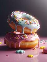 Donuts with colorful sprinkles and glazing dripping down. Created with Generative AI technology photo