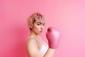 mujer con rosado corto pelo vistiendo rosado boxeo guantes en apoyo de pecho cáncer conciencia. creado con generativo ai tecnología foto