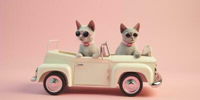 Cats wearing sunglasses in a small white car model on pink background. Created with Generative AI technology photo