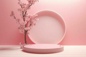 Pink display podium decorated with pink blossom tree on pink background. Created with Generative AI. photo