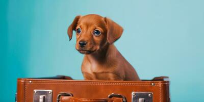 Cute brown puppy sitting in leather suitcase on blue background. Created with Generative AI technology photo