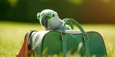 Cool grey parrot with sunglasses in green bag. Created with Generative AI technology photo