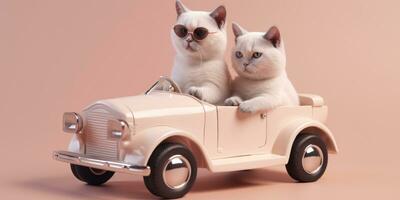 Cats wearing sunglasses in a small vintage car model on pink background. Created with Generative AI technology photo