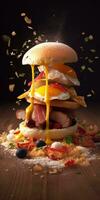 hamburguesa ingrediente apilado arriba en de madera mesa con salsa goteo abajo. creado con generativo ai tecnología foto