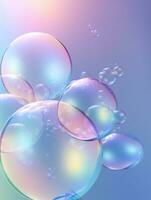 Transparent soap bubbles floating on blue pink gradient background. Created with Generative AI technology photo