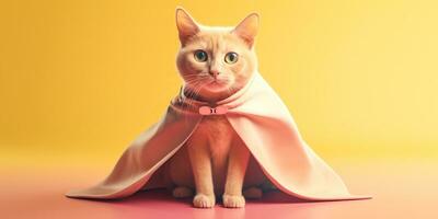 Adorable cat wearing a cape on pink floor yellow background. Created with Generative AI technology photo