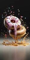 Donuts covered with rainbow sprinkles and dripping glaze floating on top of puddle of peanut butter glazing. Created with Generative AI technology photo