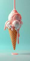 Melting ice cream cone drizzled with pink icing on light blue background. Created with Generative AI technology photo