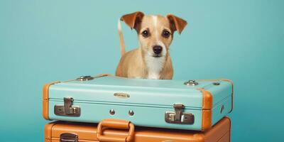 Cute puppy perched on stack of leather suitcases on blue background. Created with Generative AI technology photo
